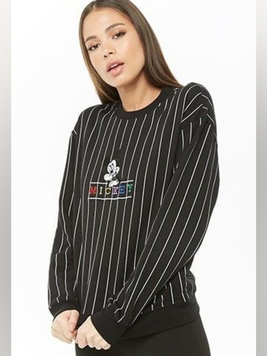Disney Sweaters - Mickey Embroidered Black Pinstripe Sweatshirt
